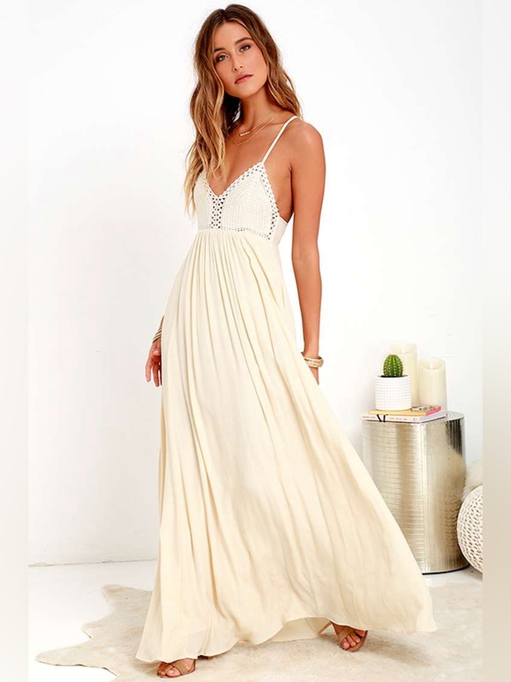 ✌🏻 LULUs “Hippie Hippie” Chic Cream Crochet Maxi Dress. Size XS